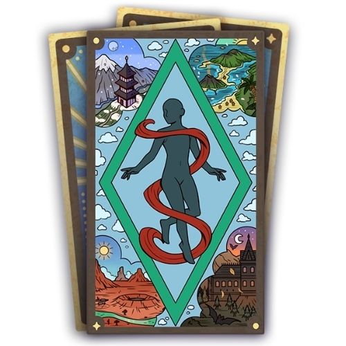 A set of three cards, the bottom two are face down. The top card has a body wrapped in a red string with different cities around them 