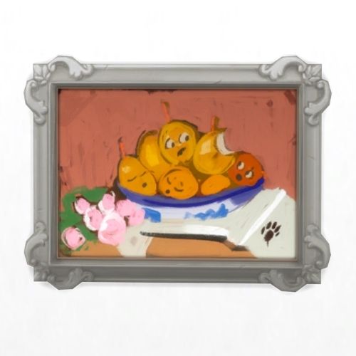 A screenshot from The Sims 4 showing a fancy silver frame with a bowl of fruit with faces