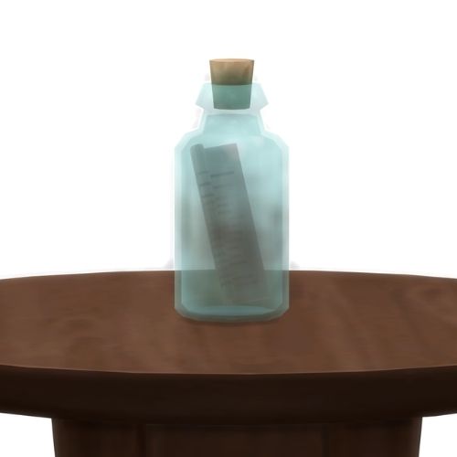 A screenshot from The Sims 4 showing a wooden table with a blue tinted glass bottle on top