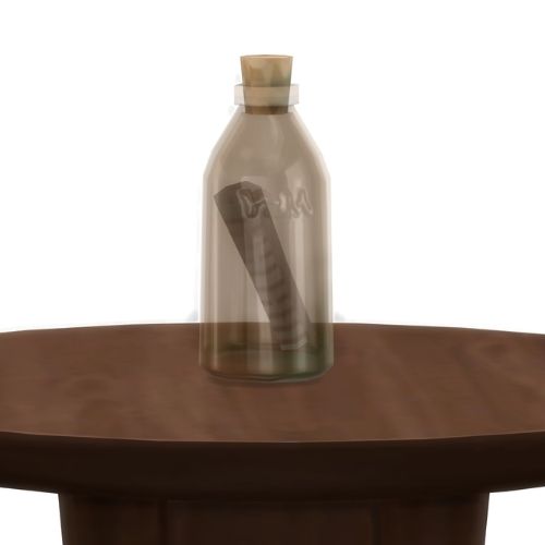 A screenshot from The Sims 4 showing a wooden table with a brown glass bottle on top