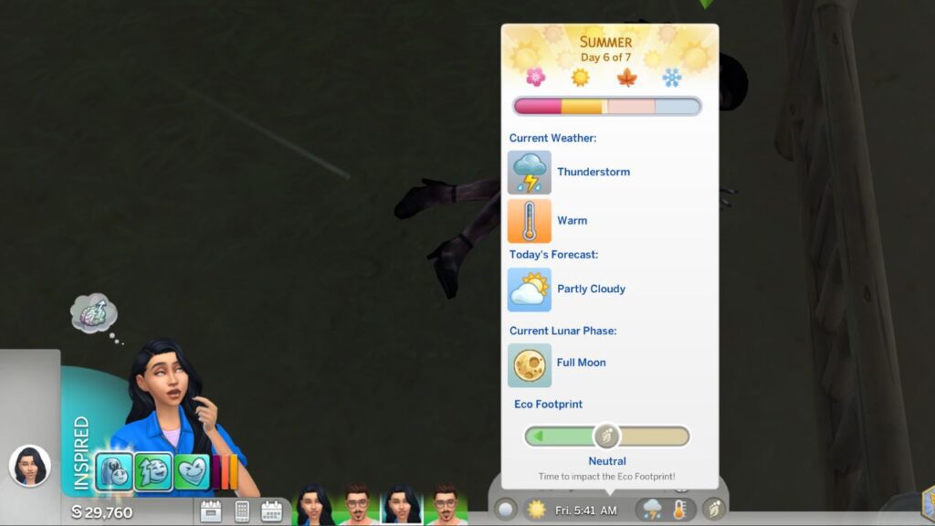 A screenshot from The Sims 4 showing a summer day with a thunderstorm 