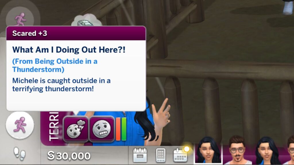 A screenshot from The Sims 4 showing a +3 Scared Moodlet called "What Am I Doing Out Here?!" 