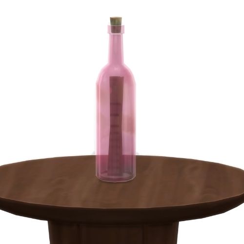 A screenshot from The Sims 4 showing a wooden table with a pink glass bottle on top with message inside