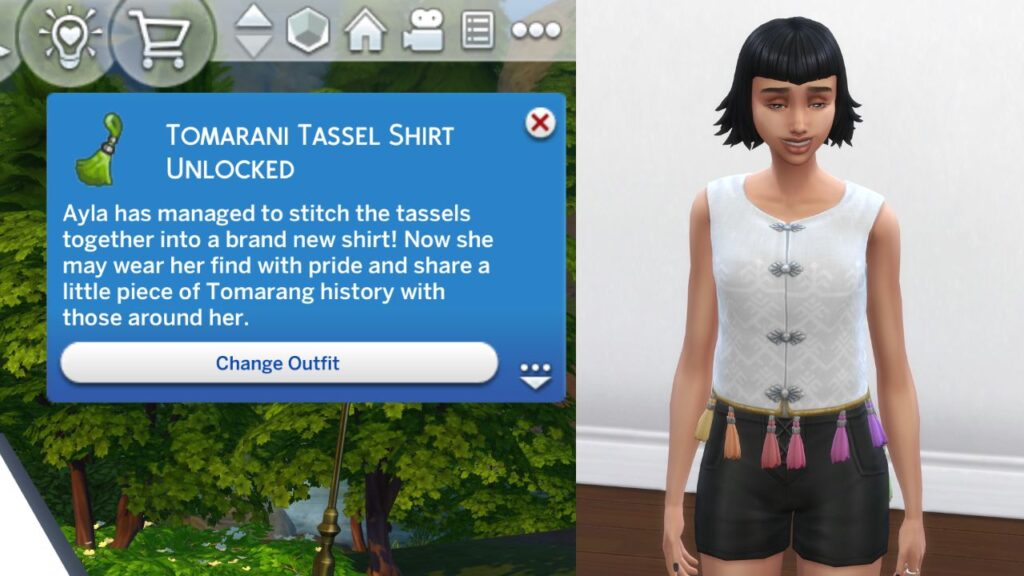 A screenshot from The Sims 4 showing the "Tomarani Tassel Shirt Unlocked" notification and a sim wearing the shirt 