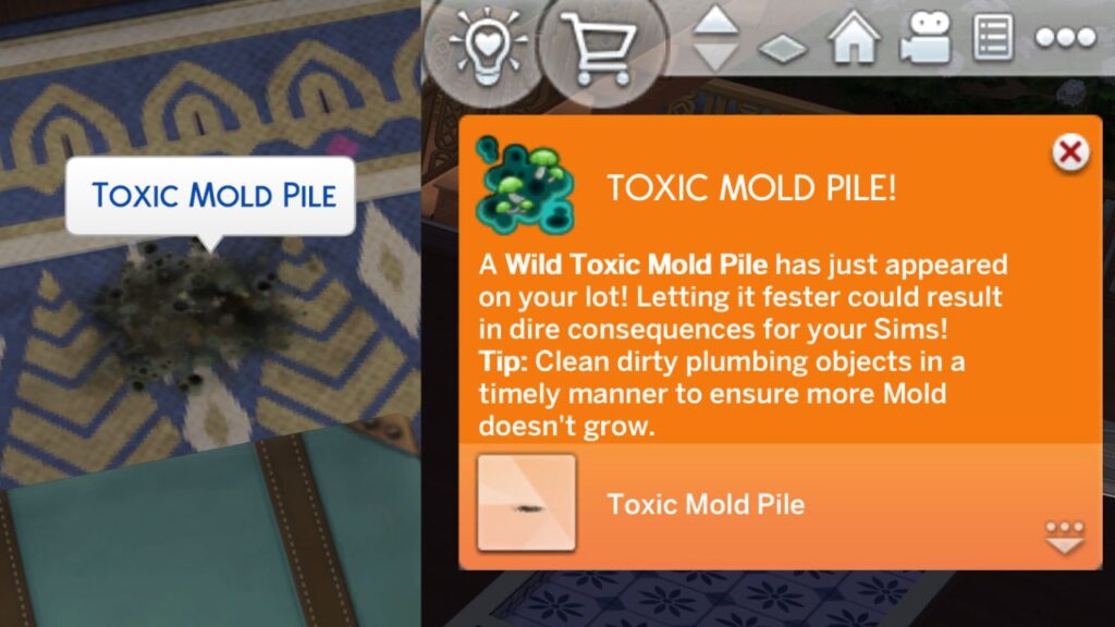 A screenshot from the sims 4 showing a toxic mold pile next to an orange moodlet telling you about mold 