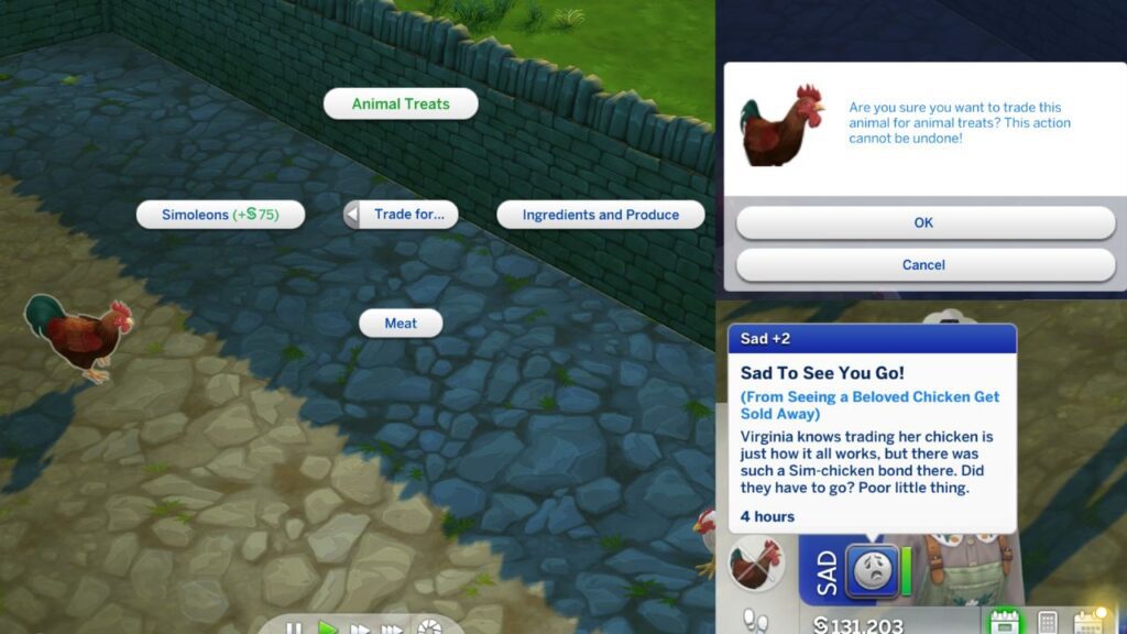 A screenshot from The Sims 4 showing how to trade live stock for animal treats