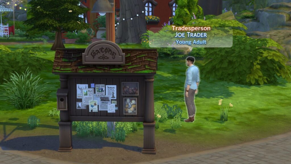 A screenshot from The Sims 4 showing where to find Joe Trader