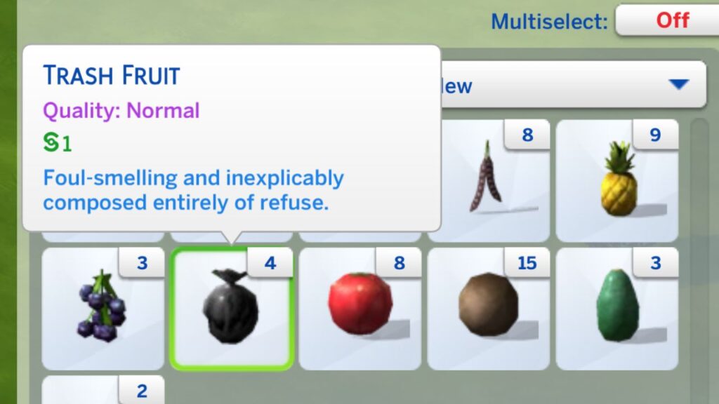 A screenshot from The Sims 4 showing trash fruit in a sim's inventory