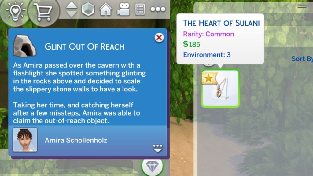 A screenshot from The Sims 4 showing a sim getting buried treasure from the sulani cave 