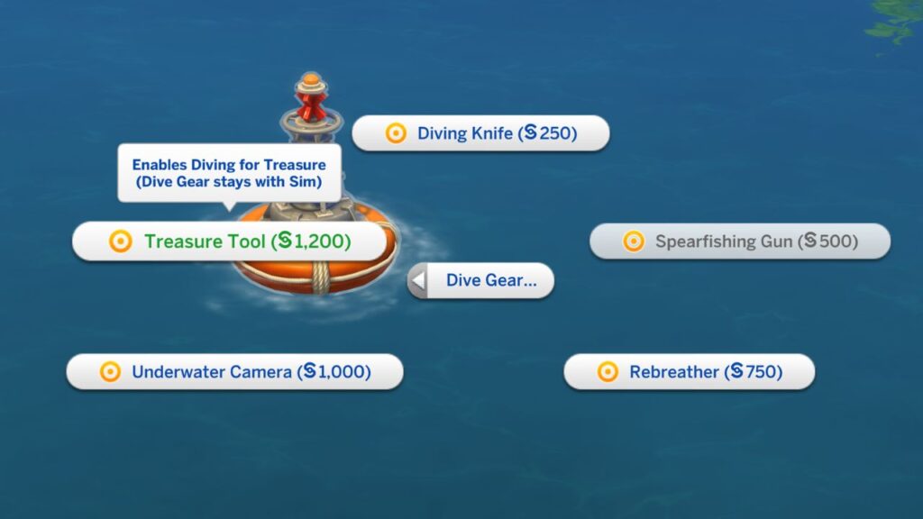A screenshot from The Sims 4 showing how to buy a treasure tool on a buoy 