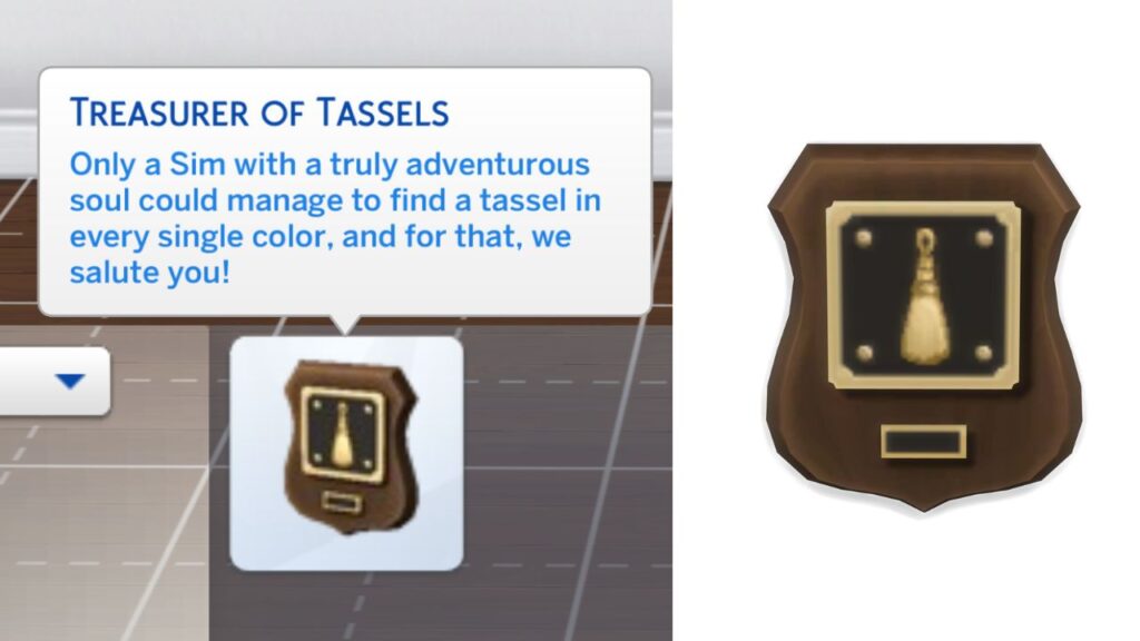 A screenshot from The Sims 4 showing the treasurer of tassels plaque 