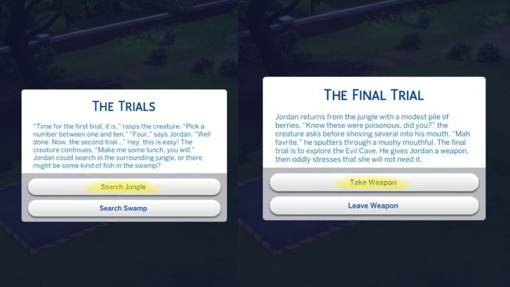 A screenshot from The Sims 4 showing the "the trials" and "the final trials" action cards from exploring space