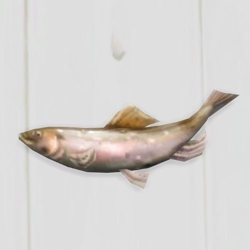 A screenshot from The Sims 4 showing a white floor with a trout fish