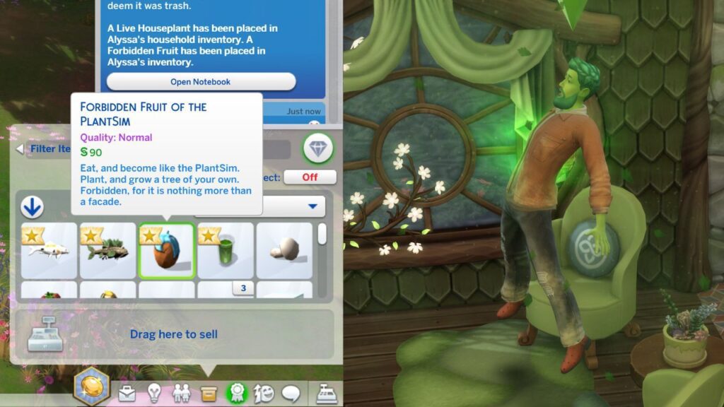 A screenshot from The Sims 4 showing a sim turning into a plant sim after eating the forbidden fruit