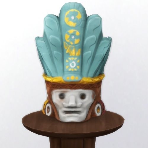 A screenshot from The Sims 4 showing a brown circle table and on top is a brown and turquoise mask