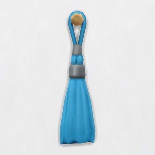 A screenshot from The Sims 4 showing a turquoise tassel hanging on a white wall 