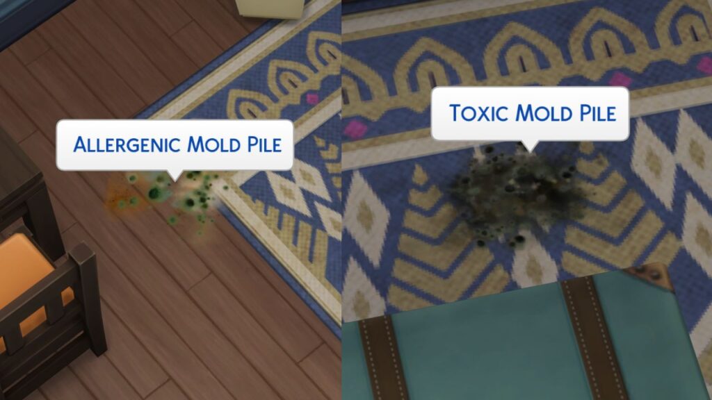 A screenshot from the sims 4 showing an allergenic mold and toxic mold pile 