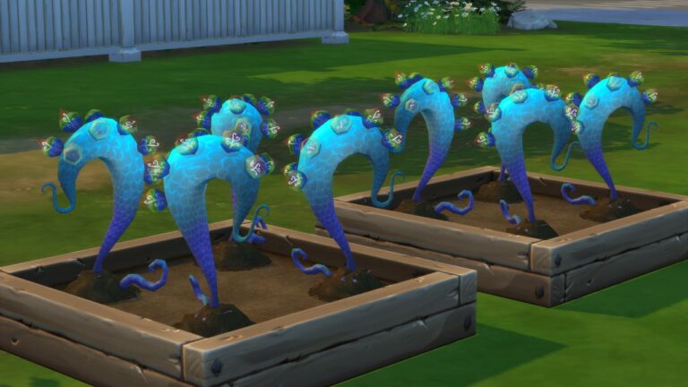 A screenshot from The Sims 4 showing a bunch of UFO fruit plants