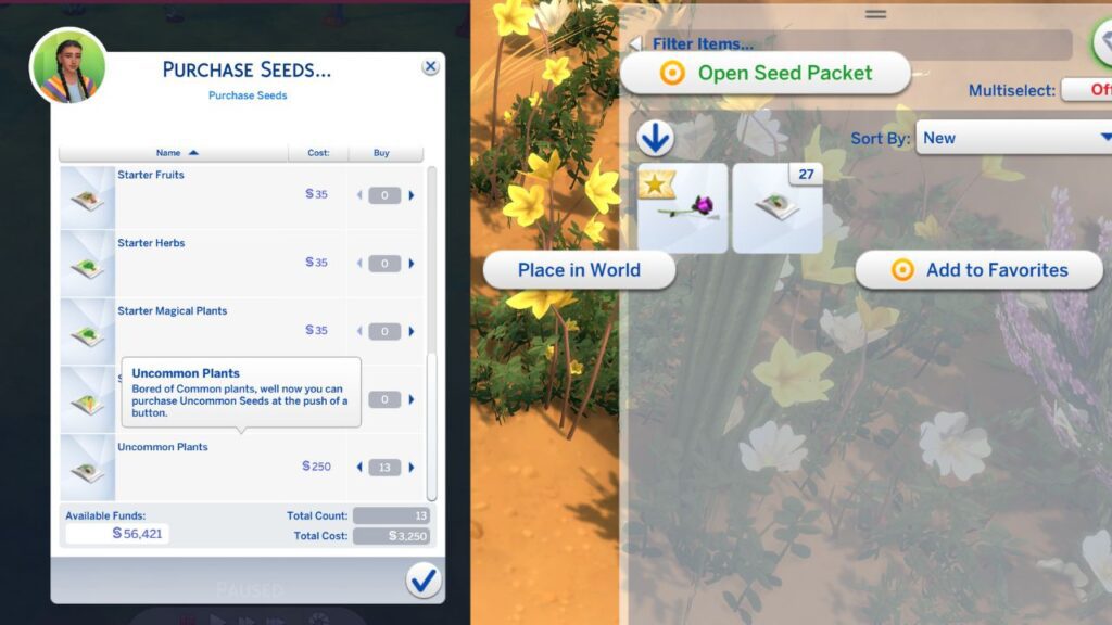 A screenshot from The Sims 4 showing how to purchase and open uncommon plants