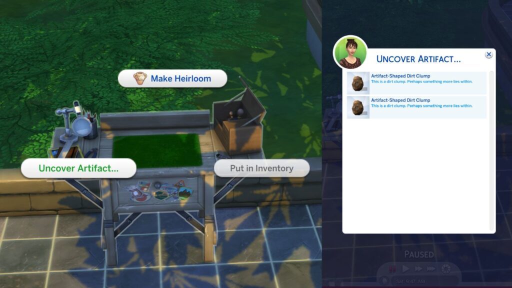A screenshot from The Sims 4 showing how to uncover artifact-shaped dirt clumps on an archaeology table