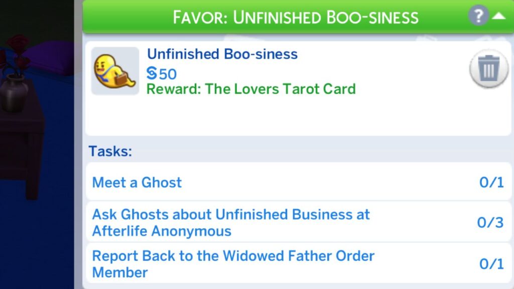 A screenshot from The Sims 4 showing the unfinished boo-siness favor tasks