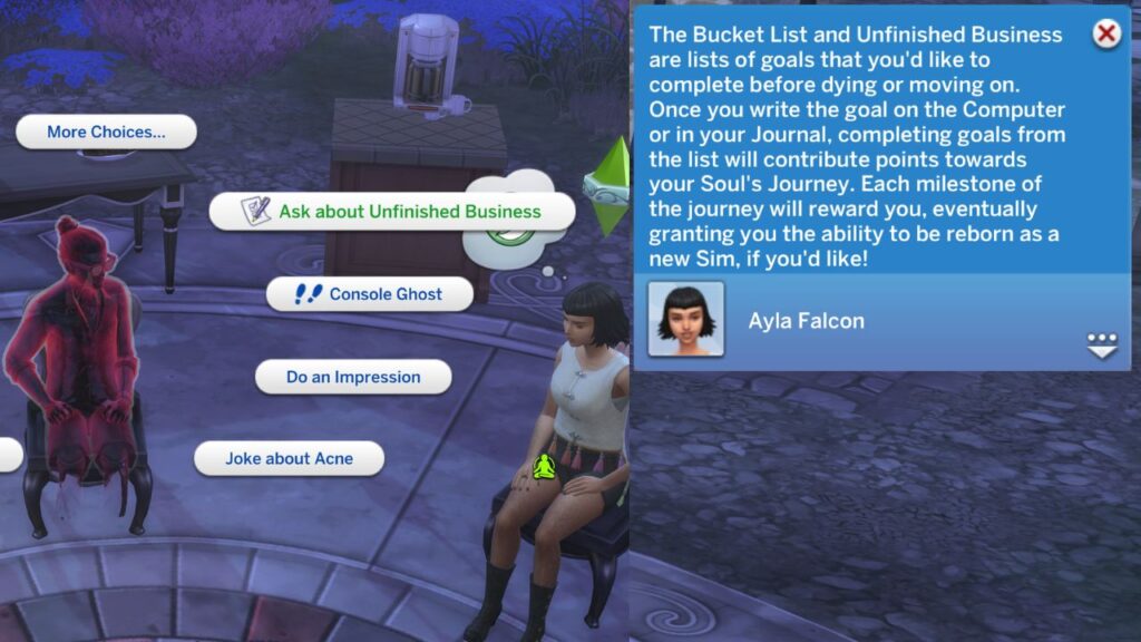 A screenshot from The Sims 4 showing how to ask about unfinished business at afterlife anonymous 