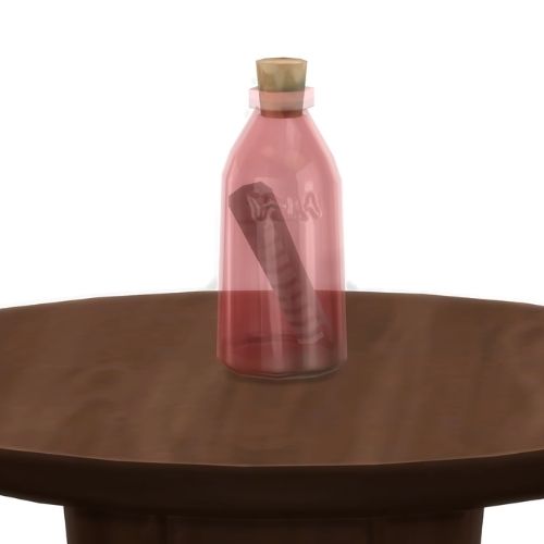 A screenshot from The Sims 4 showing a wooden table with a short pink glass bottle on top