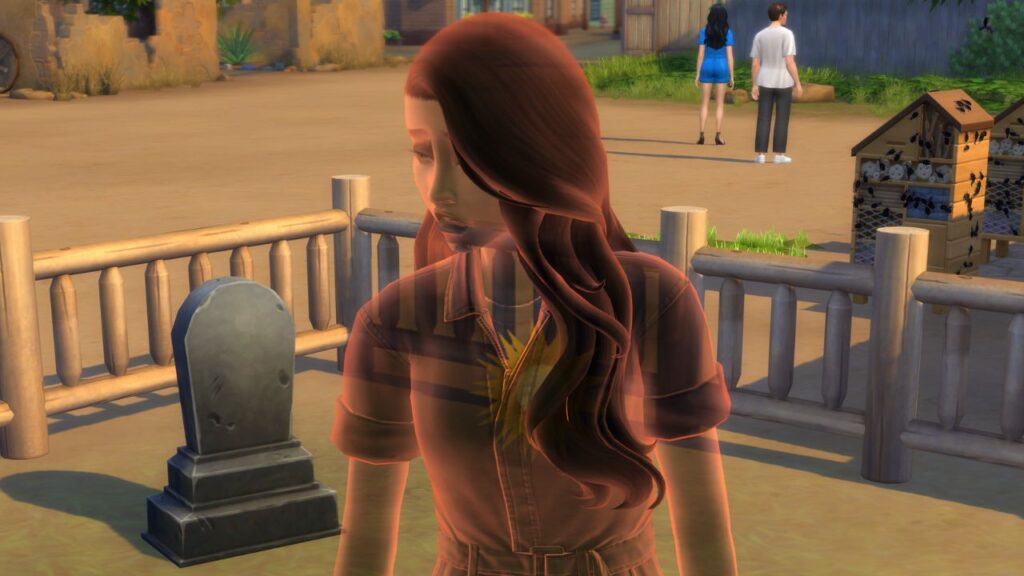 A screenshot from The Sims 4 showing a red ghost with a sun in their chest 