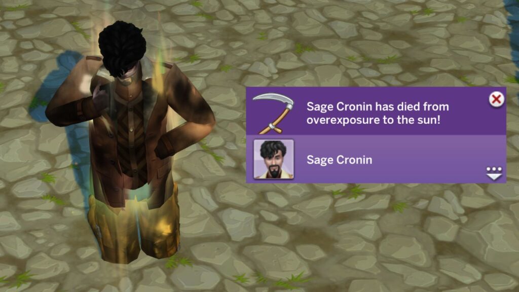 A screenshot from The Sims 4 showing the vampire sunlight death