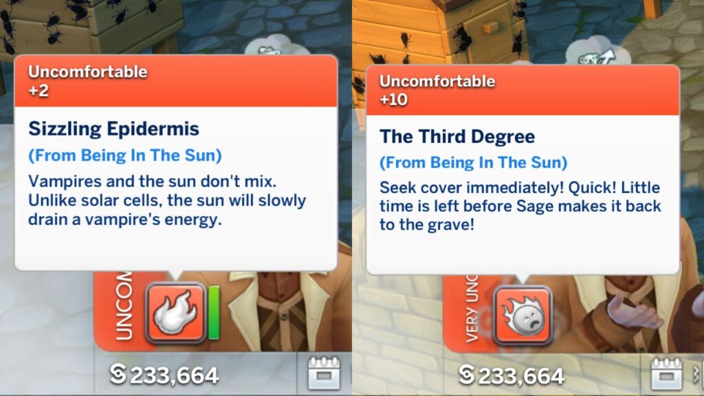 A screenshot from The Sims 4 showing the moodlets a vampire gets as they are burning in the sun 