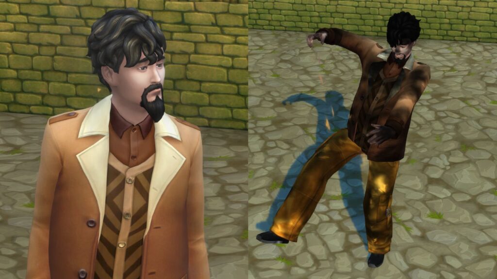 A screenshot from The Sims 4 showing a vampire slightly burning and then a vampire on fire 