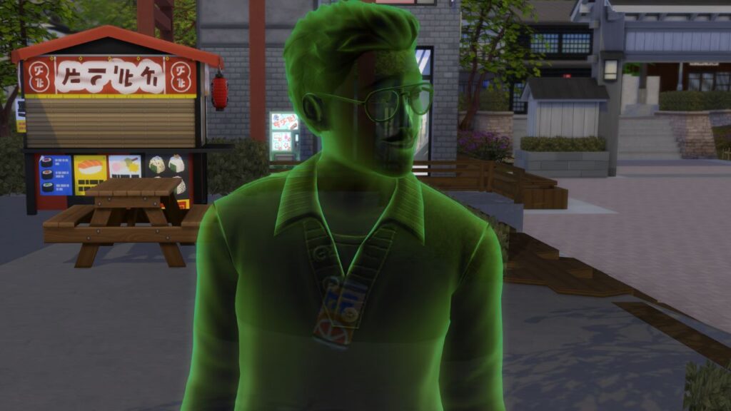 A screenshot from The Sims 4 showing a green ghost with a soda can in their chest 