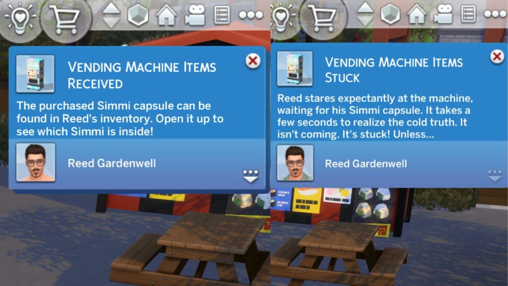 A screenshot from The Sims 4 showing the vending machine notifications for getting items 