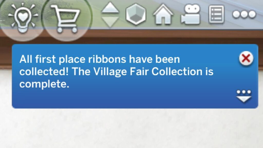 A screenshot from The Sims 4 showing the notification you get when you get all the fair ribbons