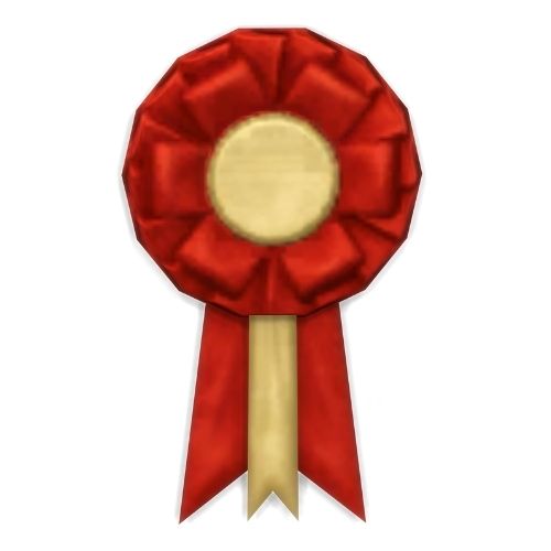 A red village fair ribbon with gold centre from the sims 4
