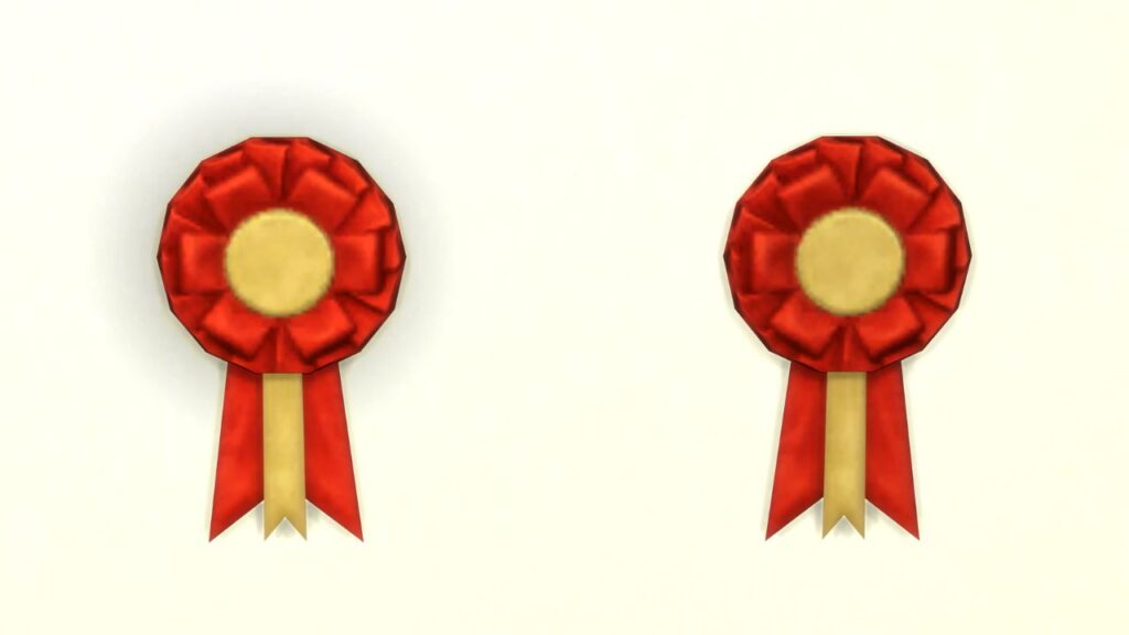A screenshot from The Sims 4 showing two village fair ribbons on a wall