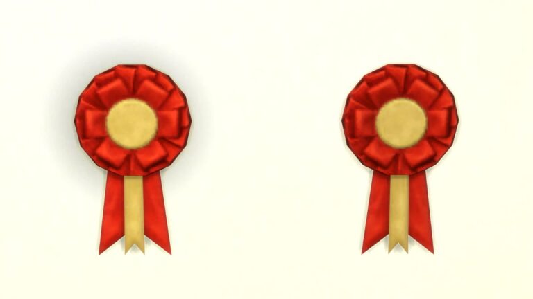 A screenshot from The Sims 4 showing two village fair ribbons on a wall