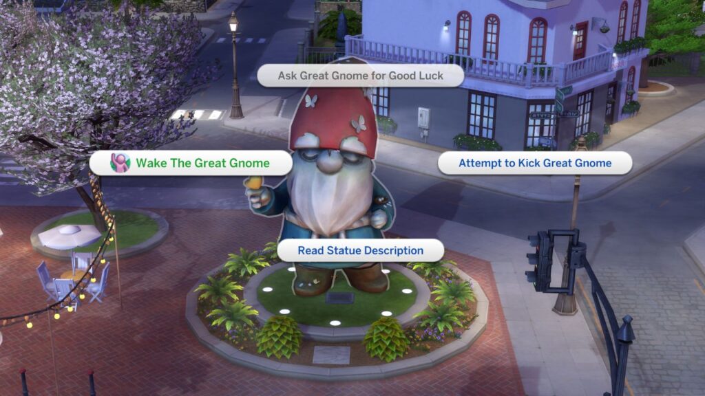 A screenshot from The Sims 4 showing how to wake the great gnome 