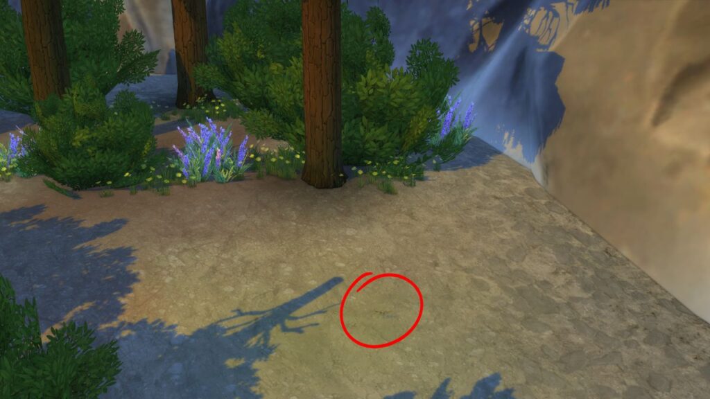 A screenshot from The Sims 4 showing a small wooded area with a walking stick bug circled