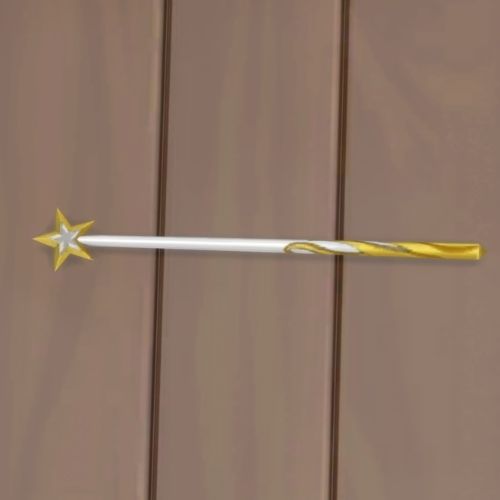A screenshot from The Sims 4 showing a wooden floor with a white wand with a gold star on top