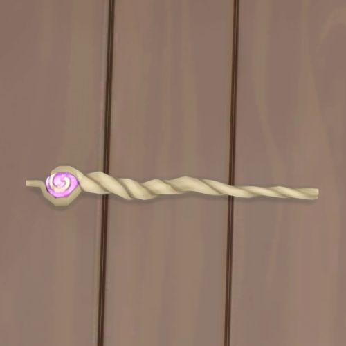 A screenshot from The Sims 4 showing a wooden floor with a wood twisted wand on top