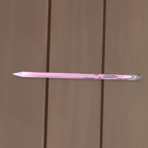 A screenshot from The Sims 4 showing a wooden floor with a pink wand on it