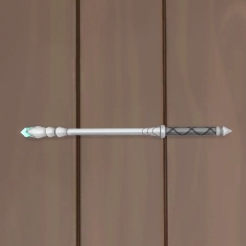 A screenshot from The Sims 4 showing a wooden floor with a silver wand on top