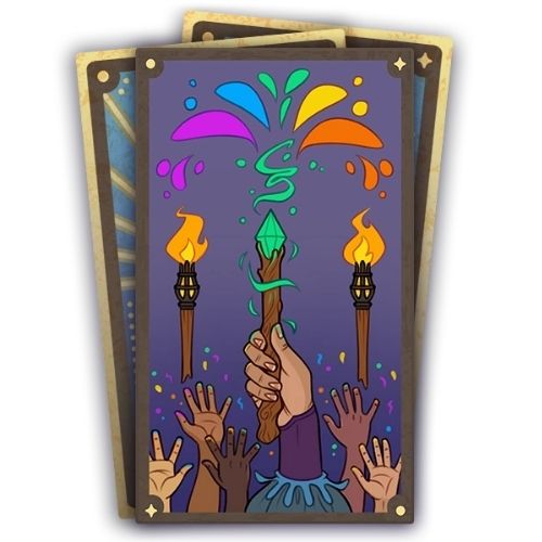A set of three cards, the bottom two are face down. The top card has a bunch of hands reaching for wands