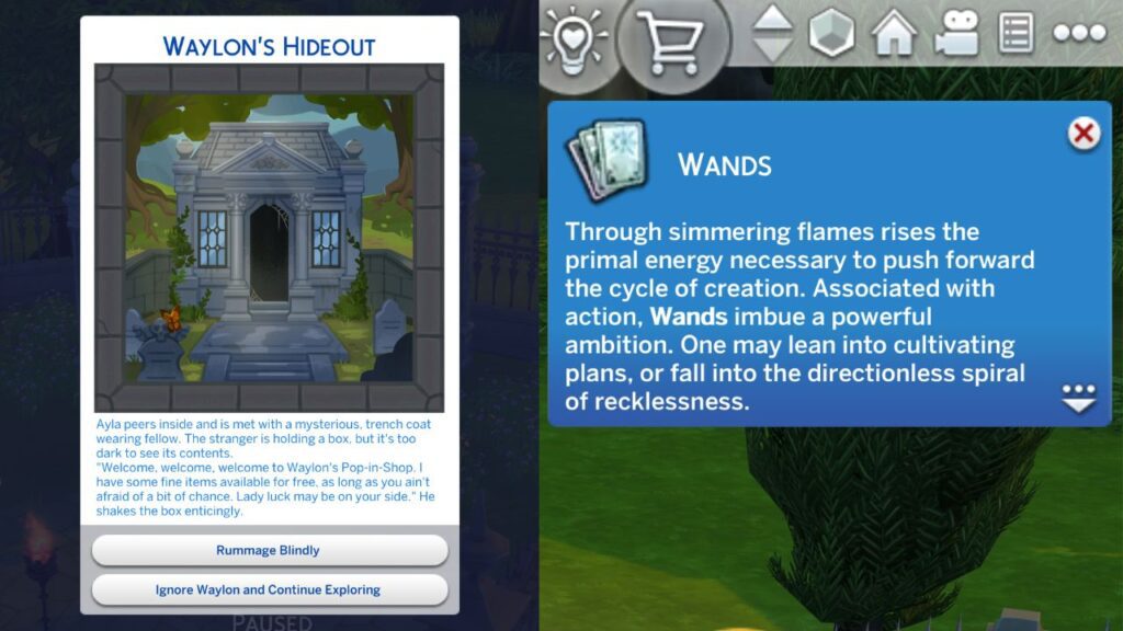 A screenshot from The Sims. 4showing the Waylon's Hideout action card to get the wands tarot card