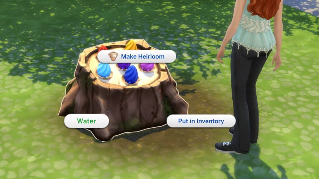 A screenshot from The Sims 4 showing how to water a magic bean stump