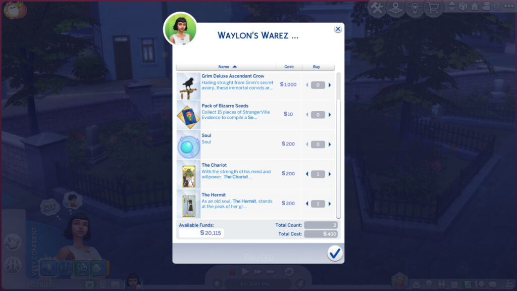 A screenshot from The Sims 4 showing the Waylon's Warez shop menu