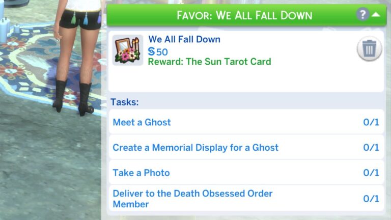 A screenshot from The Sims 4 showing the We All Fall Down Favor