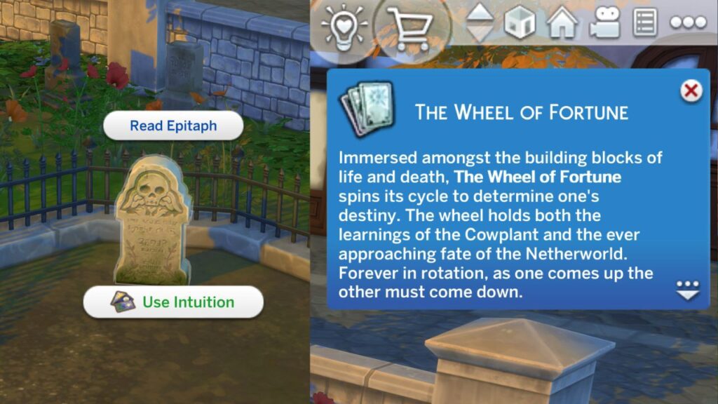 A screenshot from The Sims 4 showing how to use intuition on a gravestone for the wheel of fortune