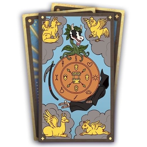 A set of three cards, the bottom two are face down. The top card has a wheel in the centre with grim and a cowplant around them